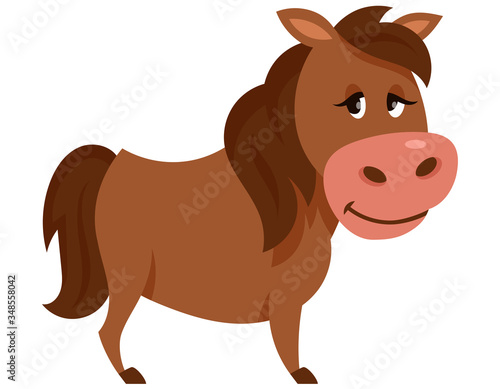 Standing cute horse. Farm animal in cartoon style.