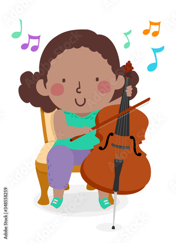Kid Girl Play Cello Music Notes Illustration