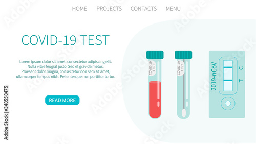 COVID-19 test. Tubes with blood sample and saliva. Coronavirus rapid test. Lab research and diagnosis. Medicine vector concept in flat design. Landing page website template.