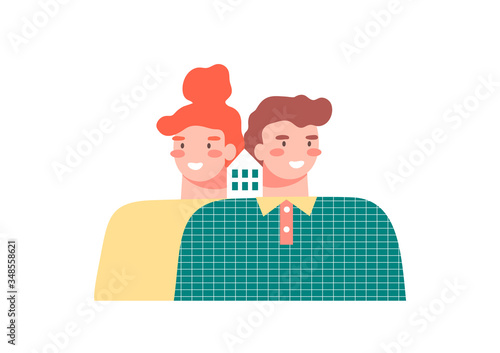 Happy couple buying or renting a house, dreaming about future home on white background. Real estate property, mortgage loan concept.