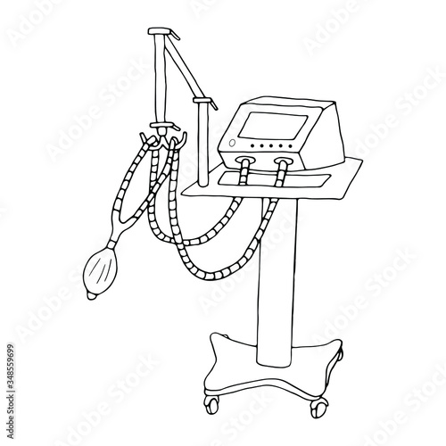 Isolated lungs ventilation machine on white background.  Artificial respiration. Intensive therapy. Vector doodle illustratio for topics like medicine, health care, treatment.
