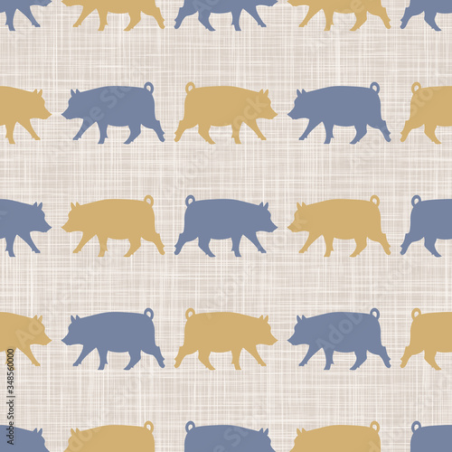 Seamless french farmhouse pig silhouette pattern. Farmhouse linen shabby chic style. Hand drawn rustic texture background. Country farm kitchen design. Pork meat cut textile all over print