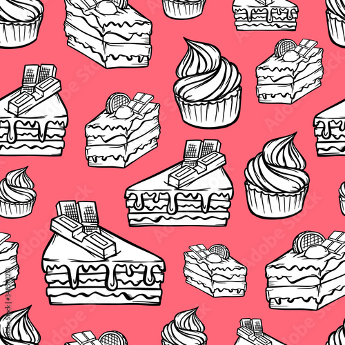 seamless pattern cakes with chocolate muffin with cream sweets desserts confectionery delicacy contour background vector illustration textile texture print