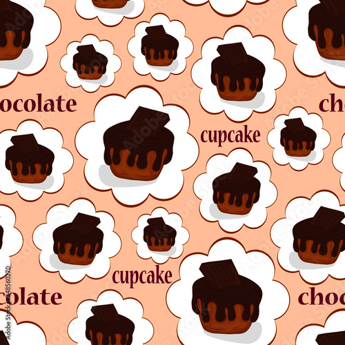 seamless pattern muffin with chocolate icing cream sweets dessert confectionery delicacy background vector illustration banner holiday element baking