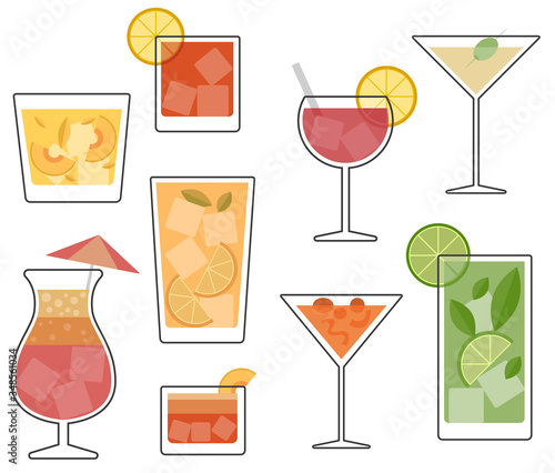 Set of classic alcohol cocktail glasses isolated on white background.Vector alcohol drinks and cocktails icon set in flat design style.