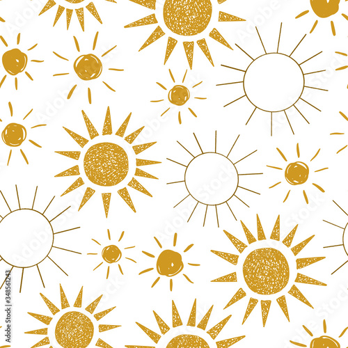 Vector seamless pattern with naive sun design. Golden hand drawn mystical illustration.