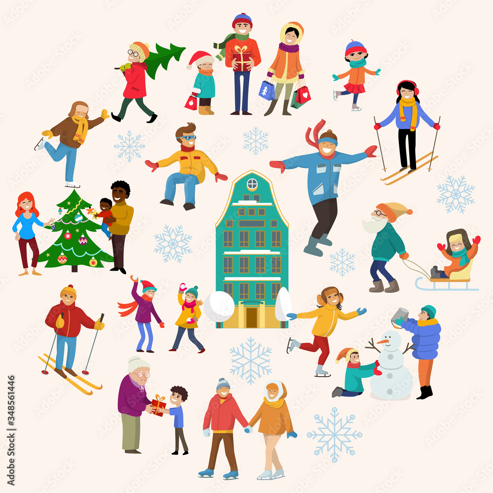 Group of people relax winter sport, christmas holiday mood season flat vector illustration. Xmas cold season character people rest, winter time sport event. Cheerful calmness sentiment.