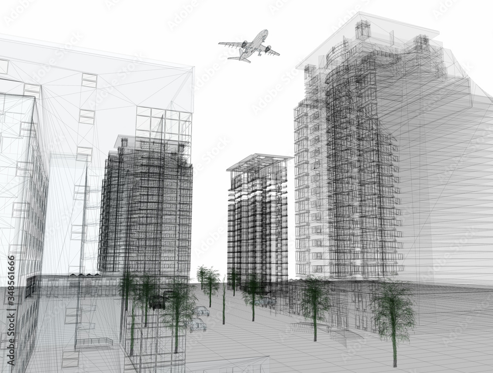 Mega city, wireframe technique, original 3d rendering Mega city, wireframe technique, original 3d rendering