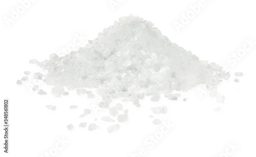Heap of salt crystals on white background