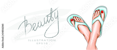 Woman's legs upside down and a red pedicure wear blue sandals. Funny and happy fashion young woman relax pedicure. Spa treatments and beauty of the legs. Vector illustration.