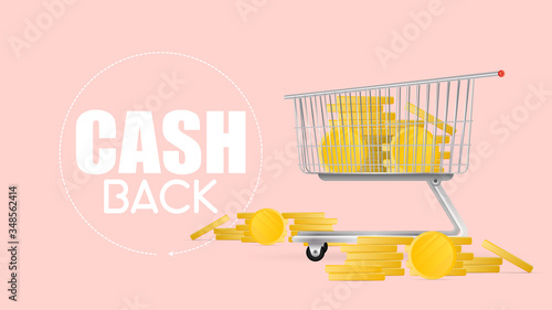 The concept of cashback and savings on purchases. The cart from the supermarket is filled with gold coins. Shopping trolley, gold coins, money. Vector.