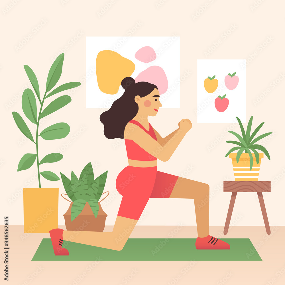 Cartoon female is training, doing lunge exercise, at home. Woman in sports clothes on a mat. Vector illustration in flat cartoon style. Cartoon female is training, doing lunge exercise, at home. Woman in sports clothes on a mat. Vector illustration in flat cartoon style.