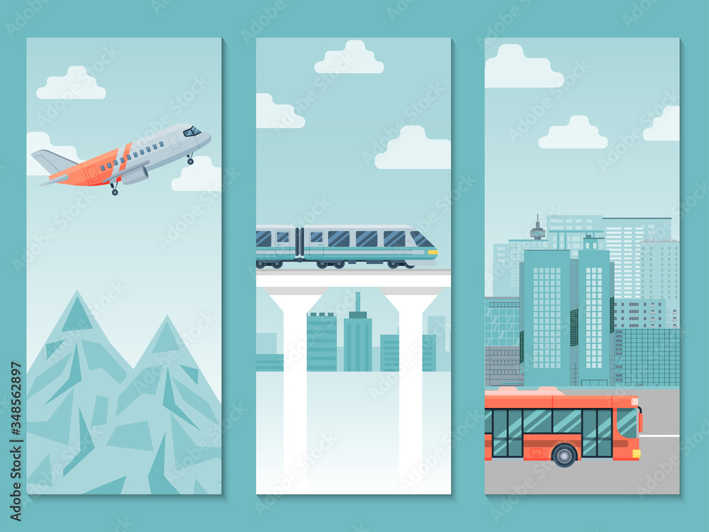 Different travel way business poster, country trip train, airplane and bus flat vector illustration. People journey around world, various type public transport. European countries trip.