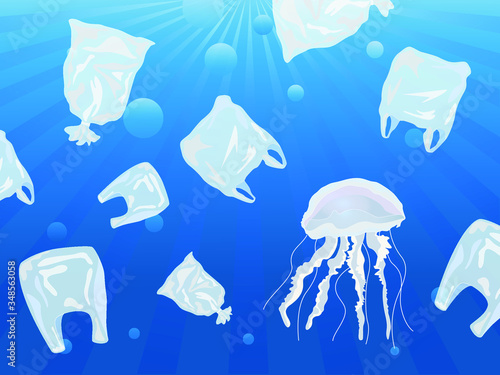 Web template. Stop plastic pollution. Vector flat illustration for World Environment Day. Jellyfish swims in a plastic bag with garbage. Banner Harm to nature. Plastic ocean pollution.