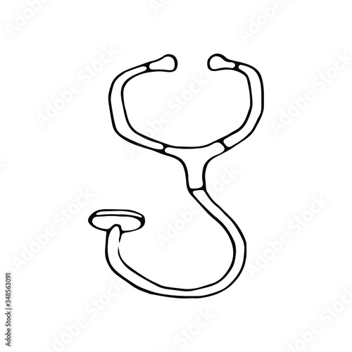 Isolated medical stethoscope on white background. Vector doodle illustration. Hand drawn. Can be used for topics like medicine, health care, treatment. 