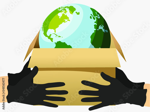 Vector illustration of worldwide cargo delivery, packing box, globe world map. Safe delivery in a global coronavirus epidemic