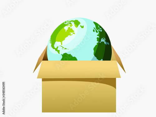 Vector illustration of worldwide cargo delivery, packing box, globe world map. Safe delivery in a global coronavirus epidemic