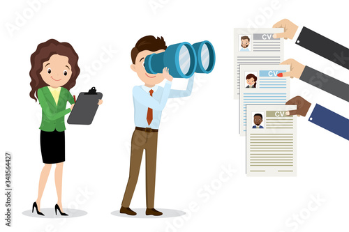 Cartoon caucasian businessman looking through binoculars on resume,different hands holding cv.