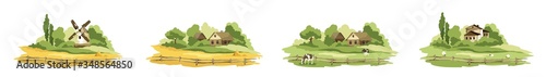 Set of village landscapes. Vector illustration, fields and meadows with cows, lambs, mill and village houses.
 photo