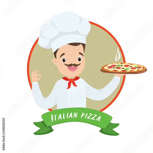 Cartoon italian chef holding a delicious pizza.Template of part banner or logo of the pizzeria,
