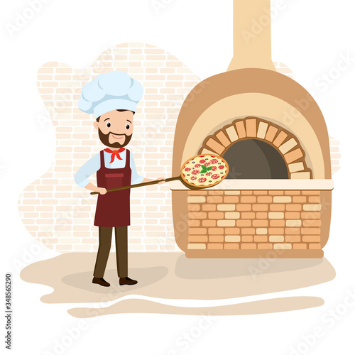 Chef with pizza. Cartoon pizza maker near an authentic oven,italian food,