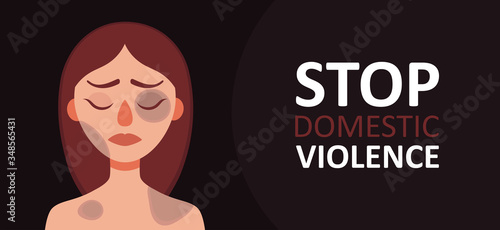 Sad woman with bruises and wounds on a dark background.Concept of domestic violence,sexual abuse in family,bullying,aggression on women.Banner for web site,social media.Vector cartoon illustration