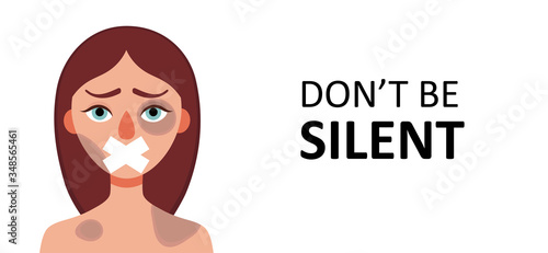 Sad woman with bruises wounds with closed mouth on white background.Concept of domestic violence, sexual abuse in family,bullying,silence,fear .Banner web site,social media.Vector cartoon illustration