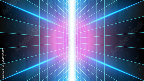 Fototapeta Naklejka Na Ścianę i Meble -  Cyberpunk neon background. Blue vertical perspective grid. Retro futuristic wallpaper. 3d cyber space. Technology, distance or infinity concept. Retrowave print or party flyer template. Vector art