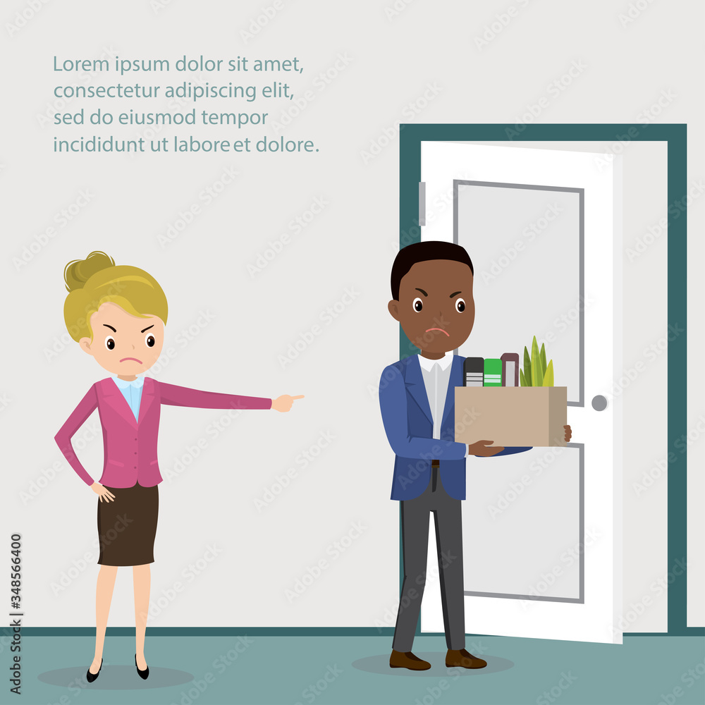 Obraz premium Woman boss dismisses african american employee man. Sad and angry business people