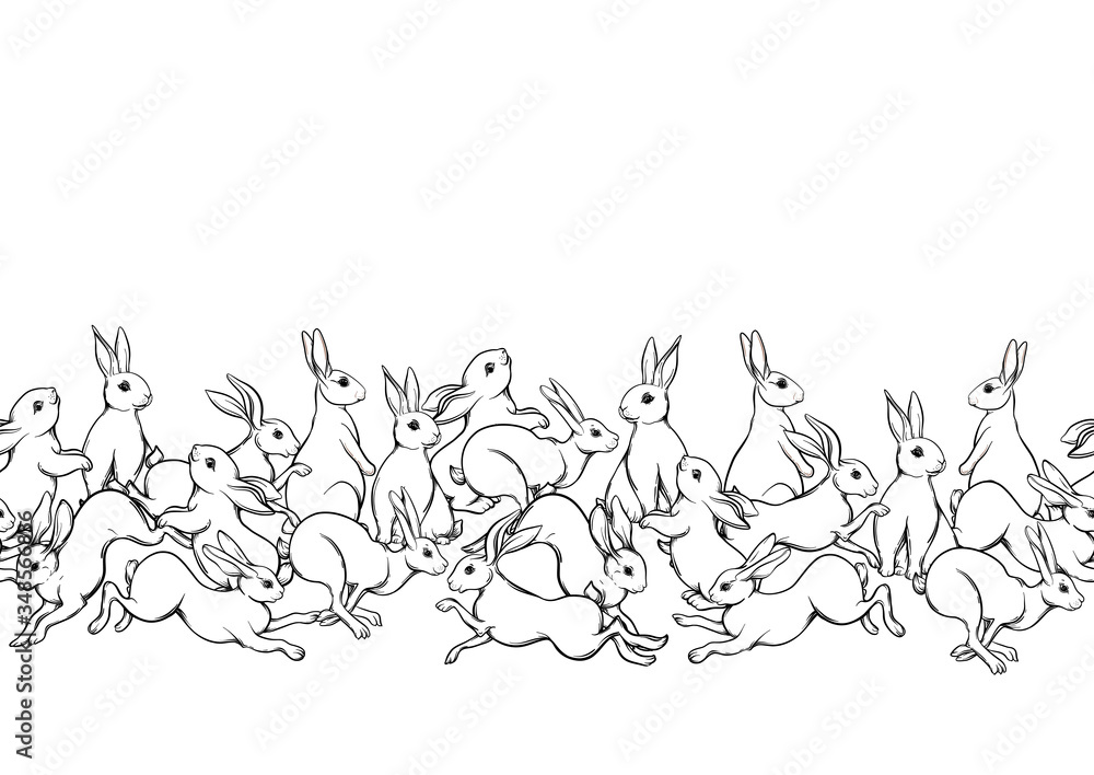 Naklejka premium Seamless pattern, background with cute rabbits, hares. Colored vector illustration.