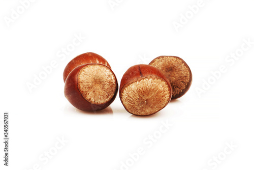 Organic and fresh four shelled hazelnuts on white background