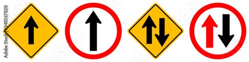 Go straight and Two way traffic road vector sign isolated on background