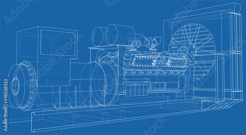Generator. Diesel and gas industrial electric generator. The layers of visible and invisible lines are separated. Wire-frame outline.