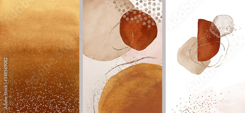 Terracotta, orange, beige, blush, pink, ivory watercolor Illustration and gold elements, on white background. Abstract modern print set. Logo. Wall art. Posters. photo
