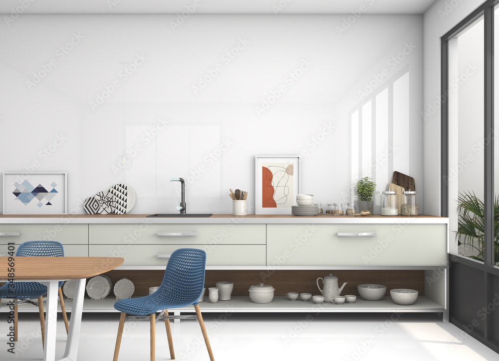 Fototapeta premium 3d rendering modern white Kitchen interior. front view