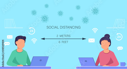 man and woman working on laptops computers, online working maintain social distancing to prevent from virus spreading and flu prevention, coronavirus concept, flat vector illustration.