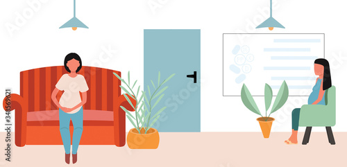 Two pregnant women are waiting for a doctor appointment in the lobby, vector illustration for medical clinics, sites