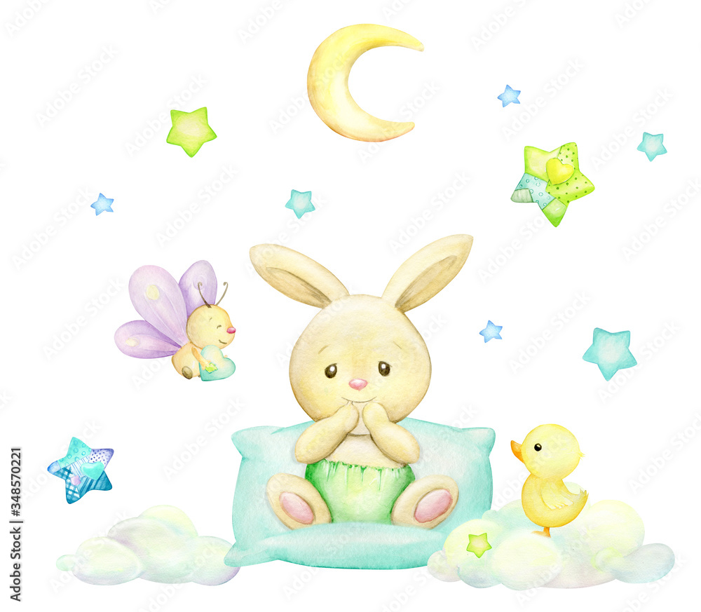Rabbit, butterfly, moon, stars, clouds, duckling, cartoon style. Watercolor clipart on an isolated background.