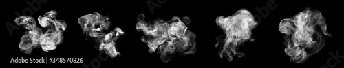 Smoke clouds, steam mist fog and white foggy vapor. 3D realistic smoke from dust particles isolated on black background