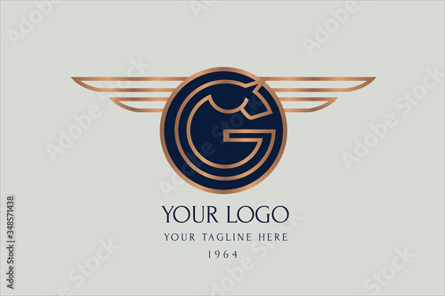pegasus with wings logo design in the shape of letters GF. Classical Monogram G