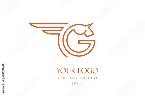 Pegasus with wings logo design in the shape of letters GF. Classical Horse Monogram G