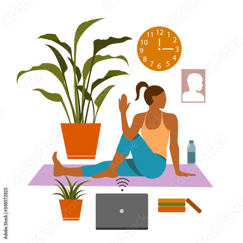 Female cartoon character practicing Hatha yoga. Woman doing workout indoor. Sport exercise at home. Yoga and fitness, healthy lifestyle. Flat vector illustration.