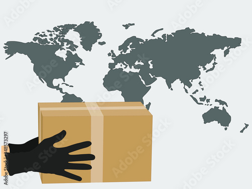 Vector illustration of worldwide cargo delivery, packing box, globe world map. Safe delivery in a global coronavirus epidemic