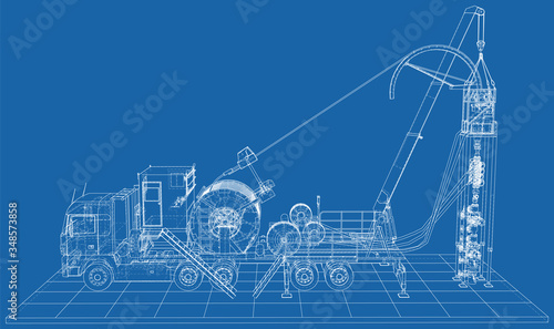 Oilfield coiled tubing equipment. Coiled tubing reel on a trailer. The layers of visible and invisible lines are separated.