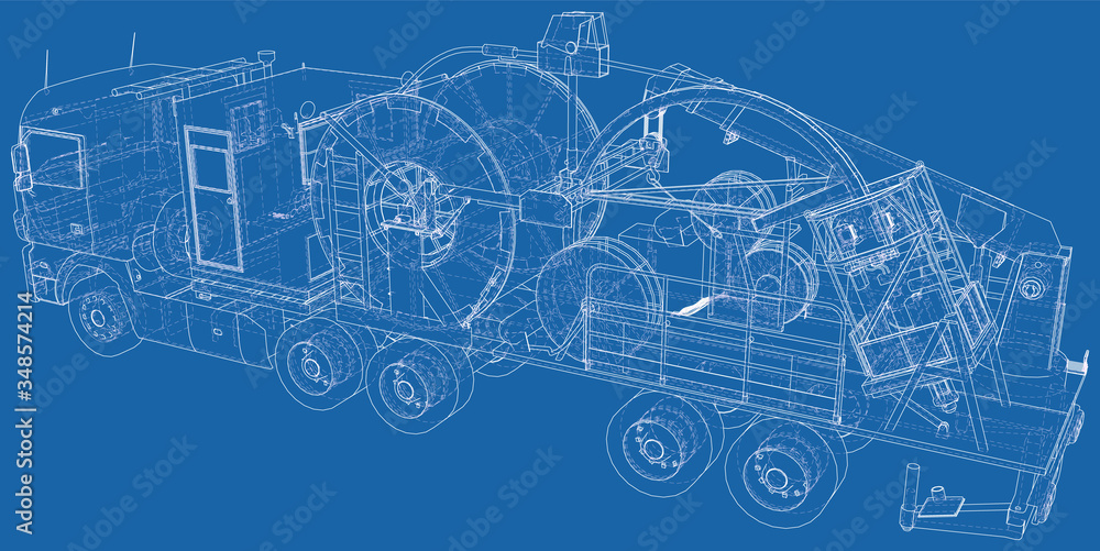 Obraz premium Wire-frame line coiled tubing truck isolated on white. Vector rendering of 3d.