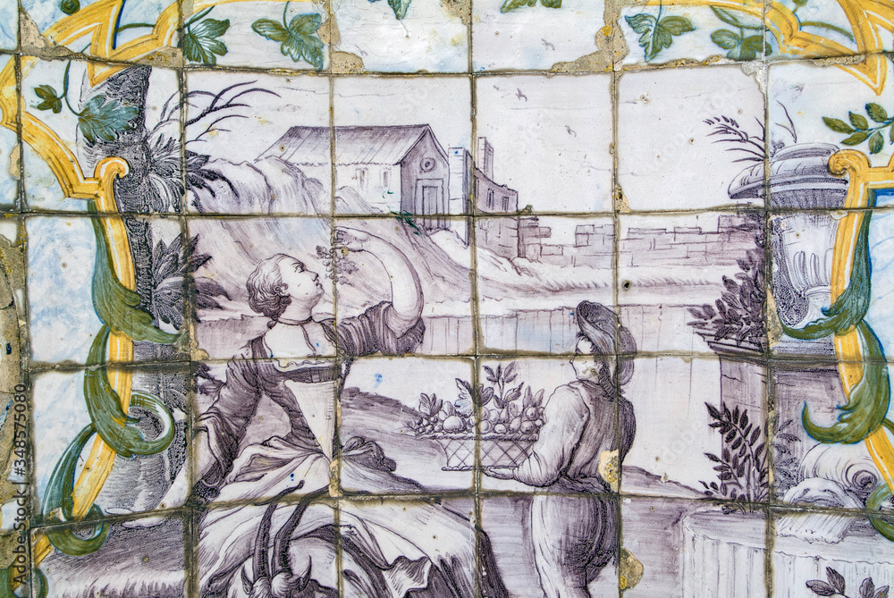 Azulejos panels depicting typical 18th century scenes in the Quinta dos Azulejos in Lumiar, Lisbon, Portugal