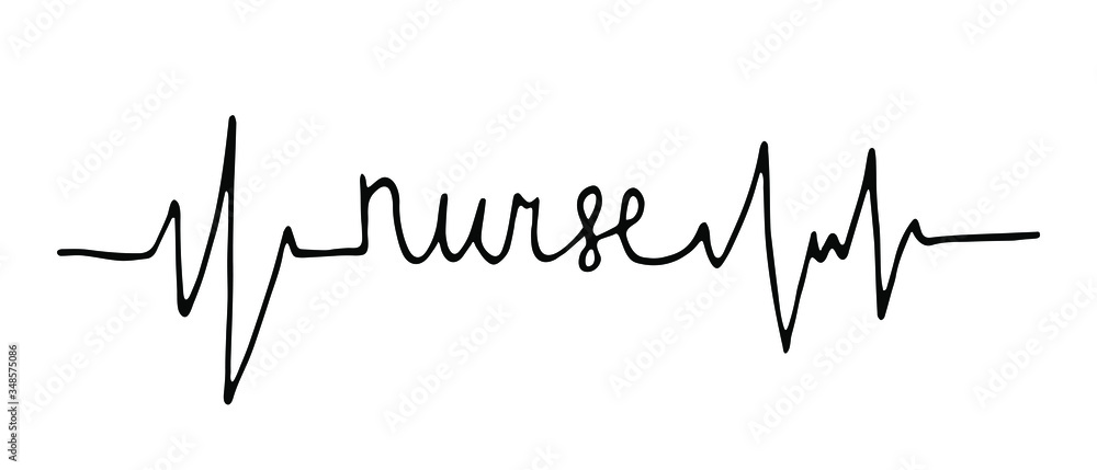 Isolated heartbeat line with nurse on white background. Heart rate symbol. Isolated lettering typography. Vector doodle illustration. Can be used for topics like medicine, health care, treatment.