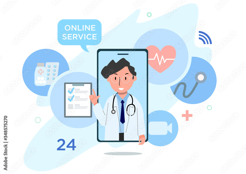Online diagnostics service concept. Doctor had diagnostic with
video call from application of smartphone. Vector flat illustration. Online diagnostics service concept. Doctor had diagnostic with
video call from application of smartphone. Vector flat illustration.