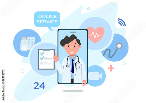 Online diagnostics service concept. Doctor had diagnostic with
 video call from application of smartphone. Vector flat illustration.
