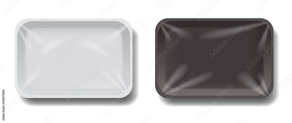 Plastic trays set isolated 3D design. Food packaging with transparent wraps mockup. Empty containers vector illustration in realistic style Plastic trays set isolated 3D design. Food packaging with transparent wraps mockup. Empty containers vector illustration in realistic style